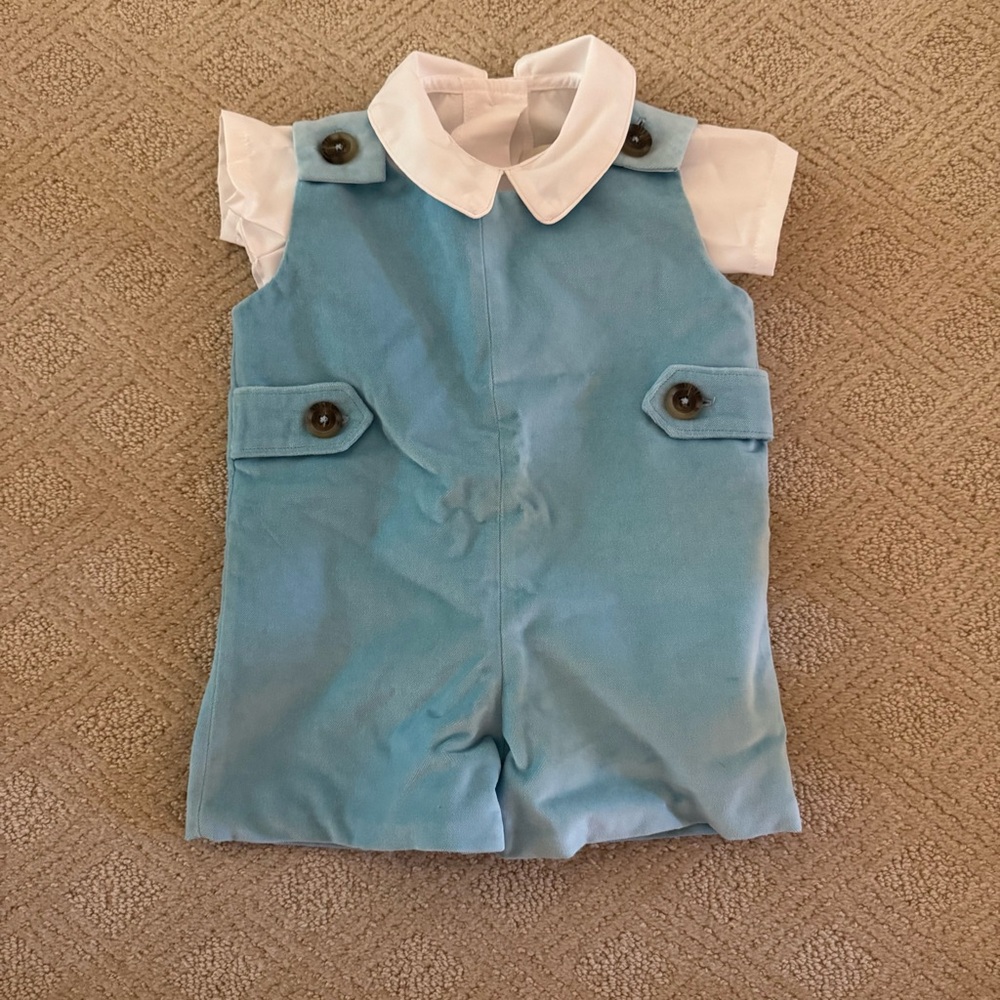 New The Beaufort Bonnet Company White Shirt + Blue Velvet Jon Jon Size 3 Months